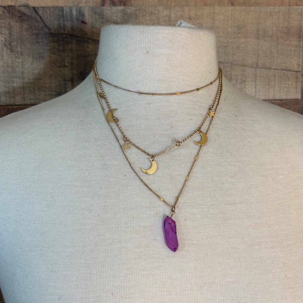 Celestial Gold Tone Layered Necklace Moon Star Purple Crystal Point